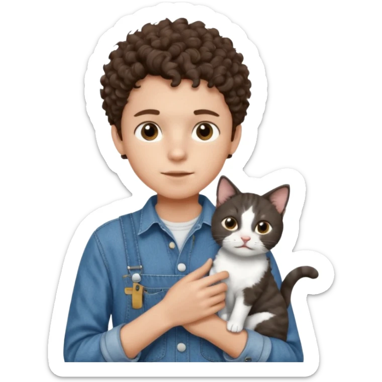 Apple emoji of a curly hair and dark brown eyes 13 year old boy with denim shirt and overalls with a black and white cat sticker