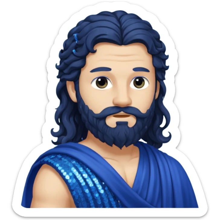 Auster, God of Summer Roman Deities with long black wavy hair and beard, indigo sequin toga sticker