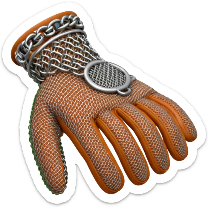 3D render of Butcher’s Glove, made of interlocking chainmail metal rings, wire mesh texture, visible holes and negative space, metallic silver and grey, high contrast shadows, Apple emoji style, isolated on white background --v 6.0. sticker