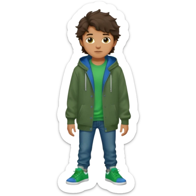 a 14 year old slightly tanned teenage boy with dark brown tousled wavy hair, wearing a green tshirt, with a dark green hoodie overcoat with blue jeans and green shoes sticker