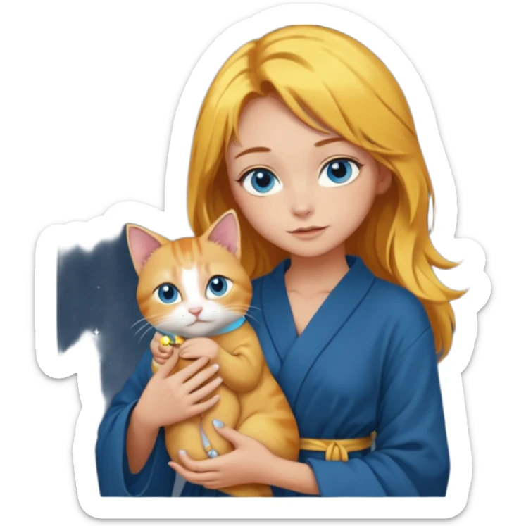 lightly tanned skin, blue eyes, cute and sexy girl with bright yellow-brown hair in a dark sky pallete robe, golden rings, slight cute makeup, full body, slightly turned aside pose, holding a cat in hands sticker