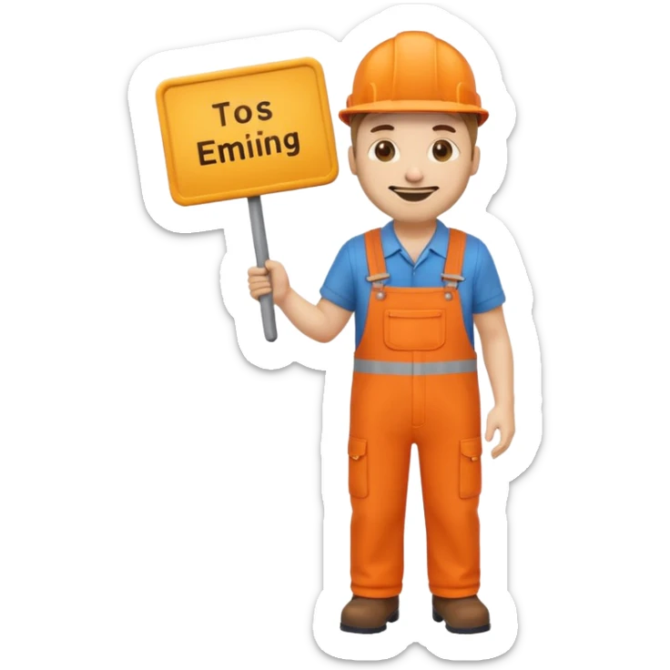 emoji style railway engineer full body in orange overalls, holding a sign in front of him sticker