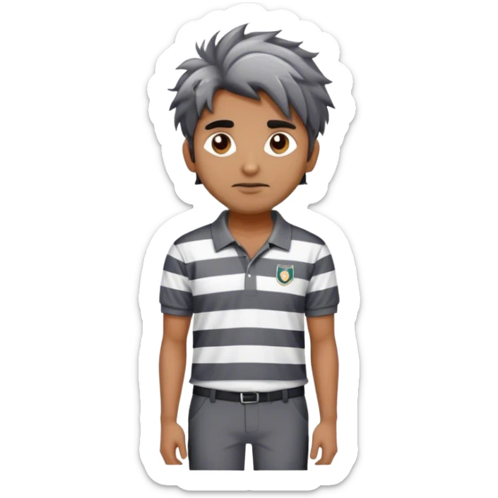 can you make an emoji of a man wearing a polo striped sweater and blak pants . gray and whtie stripes on the sweater, indian man with messy hair sticker