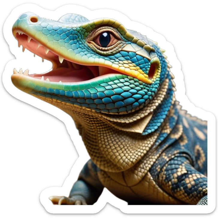 Cinematic Cute Yawning Monitor Lizard Portrait Emoji, Head tilted slightly with a dramatic, wide-open yawn, showcasing textured, patterned scales and sleepy, half-closed eyes exuding relaxed charm, Simplified yet irresistibly adorable features, highly detailed, glowing with a soft, cozy glow, high shine, relaxed yet expressive, stylized with a dash of whimsical wildness, soft glowing outline, capturing the essence of a drowsy yet affectionate reptile that appears ready to stretch out for a nap! sticker