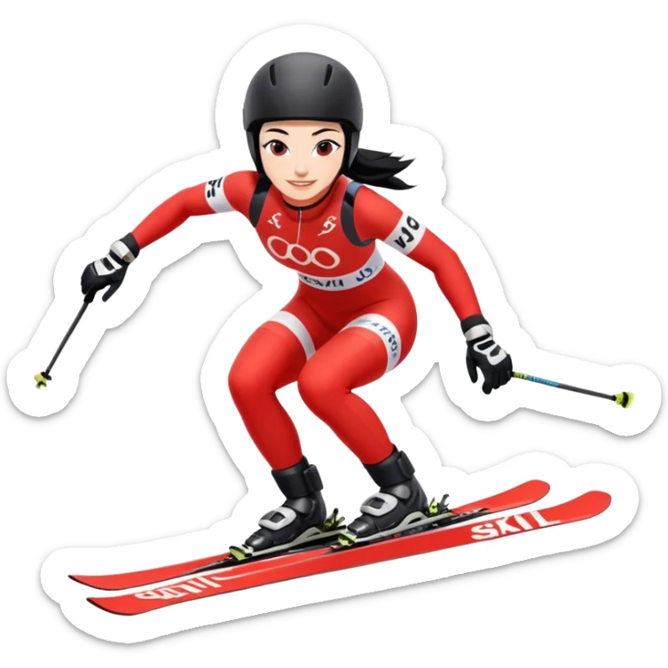 Ski racer downhill squat woman red white dress Steffi lettering Ski Head lettering black hair smile sticker