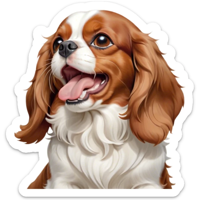 Cinematic Cute Yawning Blenheim Cavalier King Charles Spaniel Portrait Emoji, Head tilted slightly with a dramatic, wide-open yawn, soft Blenheim coat with delicate chestnut and white markings, floppy ears slightly drooping, round brown eyes barely open in drowsy contentment, Simplified yet irresistibly adorable features, highly detailed, glowing with a soft, cozy glow, high shine, relaxed yet expressive, stylized with a touch of whimsy, bright and endearing, soft glowing outline, capturing the essence of a sleepy yet affectionate companion, so drowsy it feels like it could stretch right out of the screen and curl up for a nap! sticker