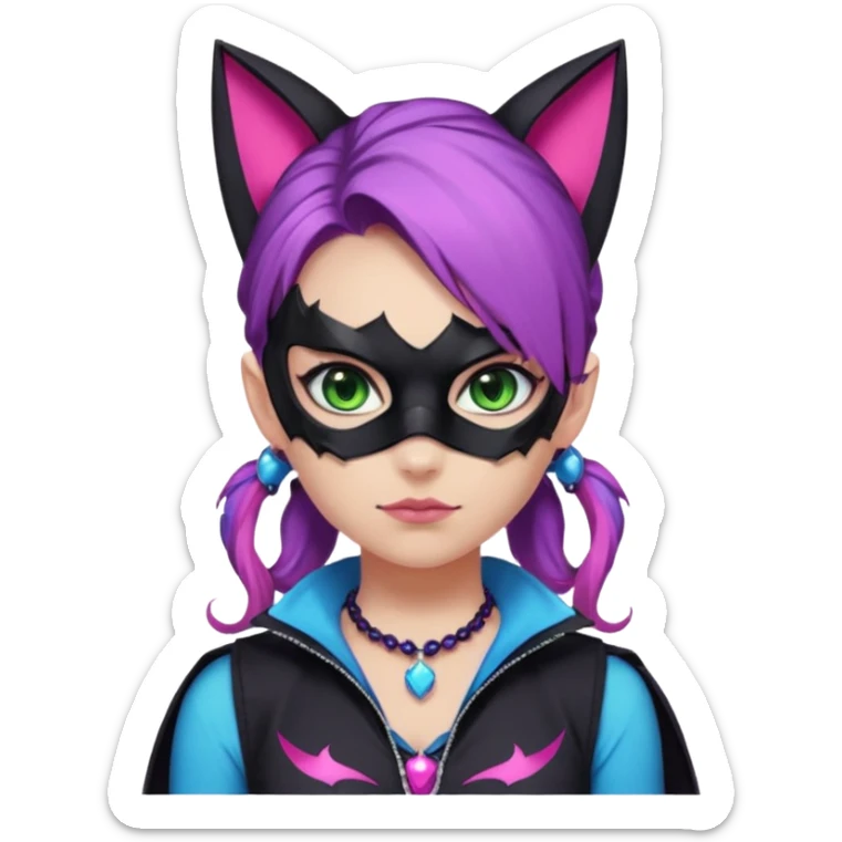 Girl with green eyes, wearing a bat mask with pink stones, and her hair tied in a ponytail, the hair is purple, blue, and pink streaks, with black cat ears with pink stones, wearing a black shirt that covers the neck, and a sleeveless blue jacket, and a necklace of pink stones sticker
