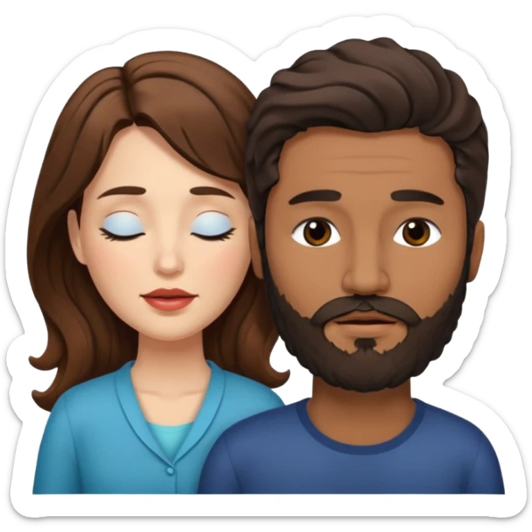 White woman (brown hair with eyes closed) and brown man with black wavy hair (has a a beard with his eyes closed too). The woman has her lips on the forehead of the man. sticker