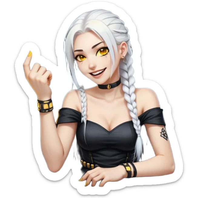 she is laughing the hardest and pounding her fist on the table, a closeup portrait of young woman with gold yellow eyes, white hair, long braid, black off-shoulder top, punk gothic style, futuristic cyberwave cyberpunk, sitting position
 sticker