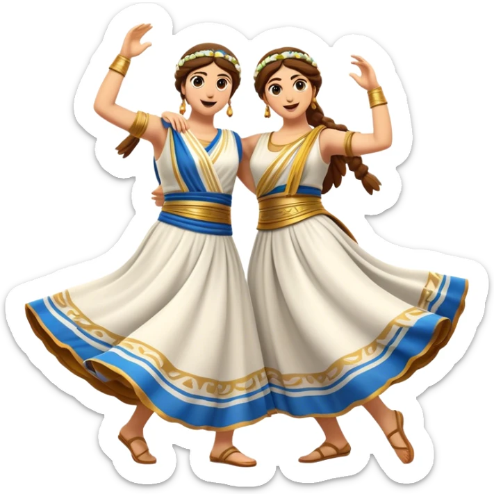 Cinematic Realistic Sirtaki Dance Emoji, depicted as a vibrant traditional Greek dance scene with flowing movements and expressive costumes, rendered with dynamic textures and warm festive lighting that captures its cultural exuberance. sticker