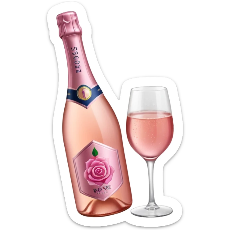 bottle of sparkling rosé with a rose logo on the label, angled to the left, no glass sticker