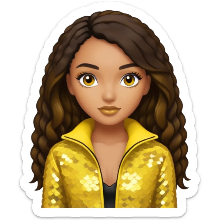 Leigh-Anne Pinnock from Little Mix with long dark brown hair, yellow sequin outfit sticker