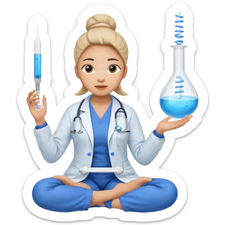 emoji of an asian woman with a single bun in a blue lab coat sitting cross legged with dna levitating above one hand and a micropipette above the other hand sticker