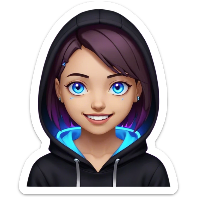 a girl with a brown bob and blue eyes in a black hoodie laughs and holds her head Cyberpunk style. Violet neon. sticker