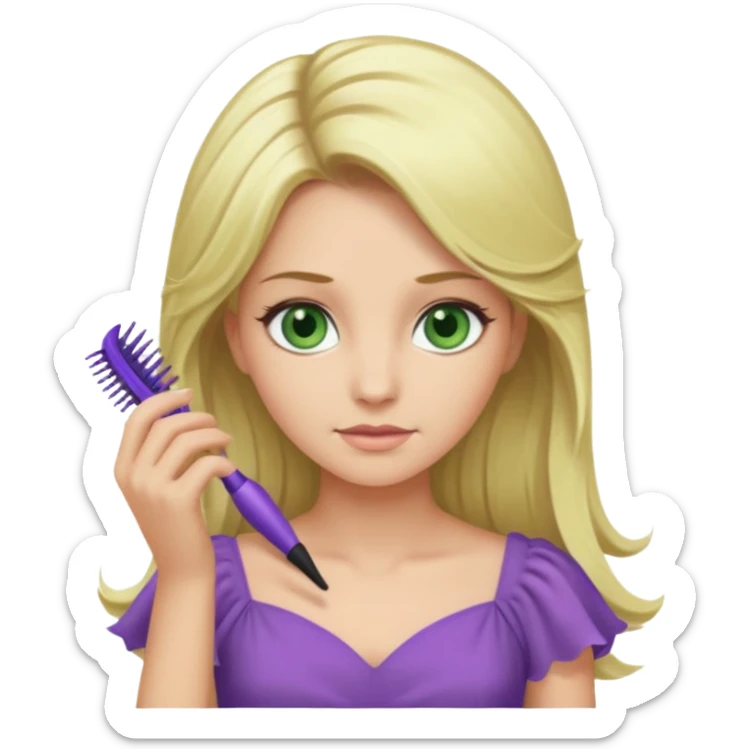blonde woman with swamp green eyes, soft purple dress, combing her hair, iOS emoji style sticker
