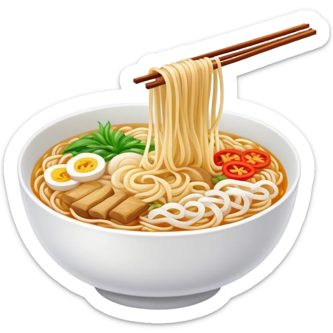 Yunnan over-the-bridge rice noodles with separate ingredients, simplified emoji style with bold outlines and bright colors, cartoon style Chinese noodle dish sticker