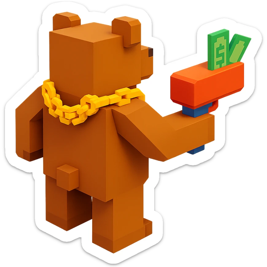 A grizzly bear with a chain and a money gun, voxel style, facing backward sticker