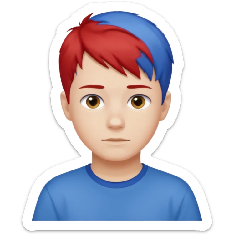 teenage boy with blue short hair, red hair ends. he is wearing a white t-shirt. sticker