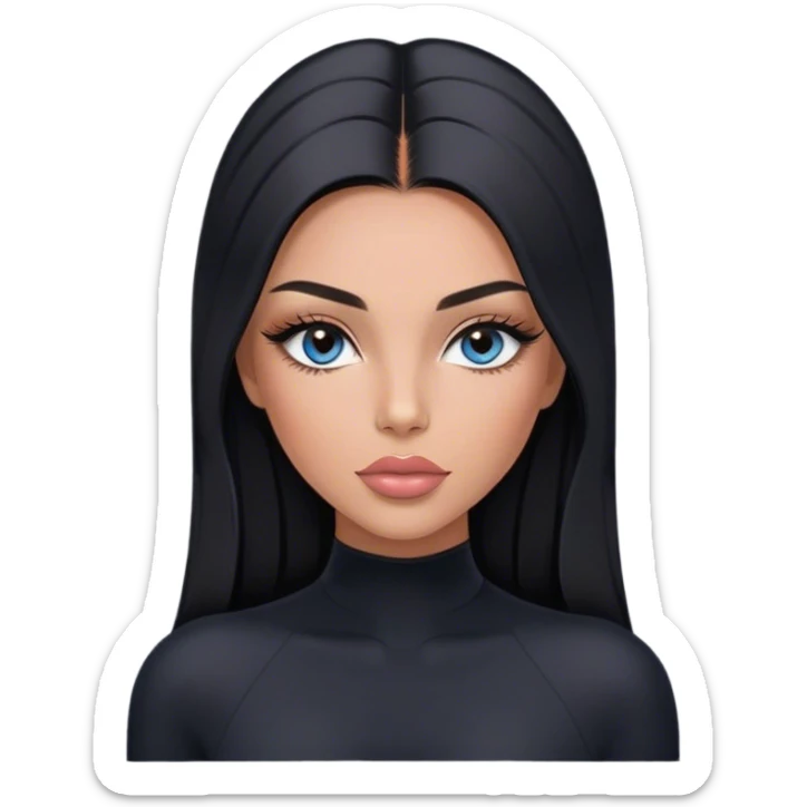 Glamours, tanned, very beautiful girl, with big pump peach-beige-rose lips, long long lashes, black straight smooth silky long hair, straight parting hair, blue-grey eyes in black long-sleeves bodysuit sticker