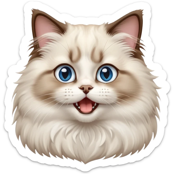 cinematic-adorable-big-eyed-fluffy-ragdoll-cat-portrait-emoji,-head-tilted-playfully-with-a-cute,-yawn,-white and brown fur,-simplified-yet-irresistibly-cute-features, blue eyes sticker