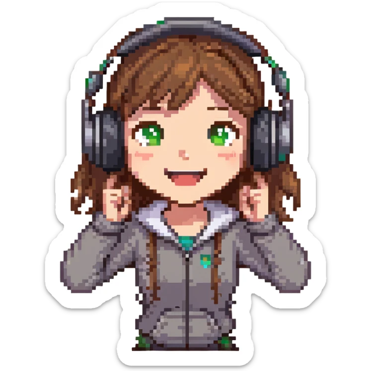 brown-haired gamer girl, excited expression, headphones, head only, emote sticker