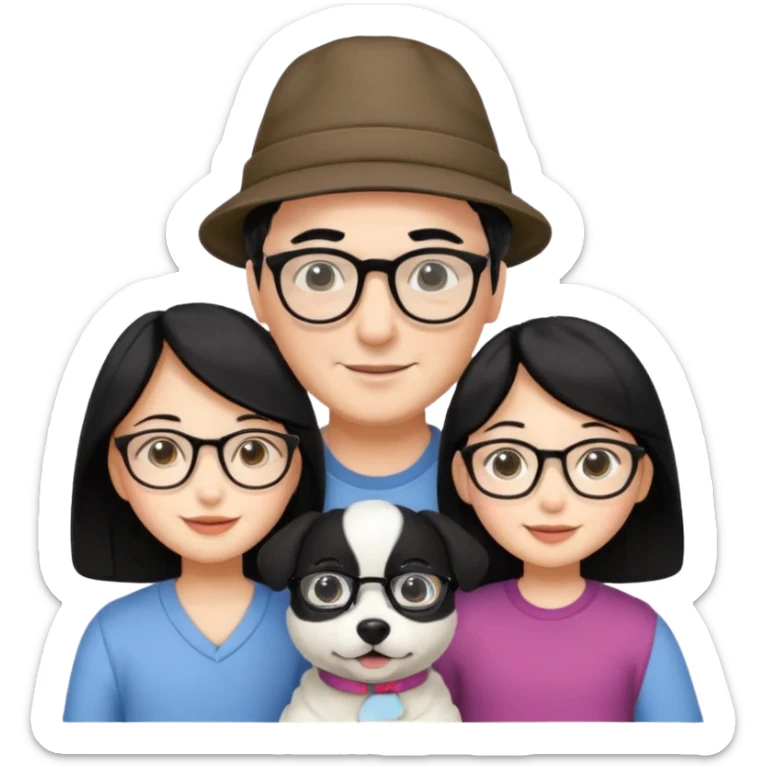 (Mom black hair with glasses, Dad black hair with hat, Daughter black hair with glasses, white Dog) sticker