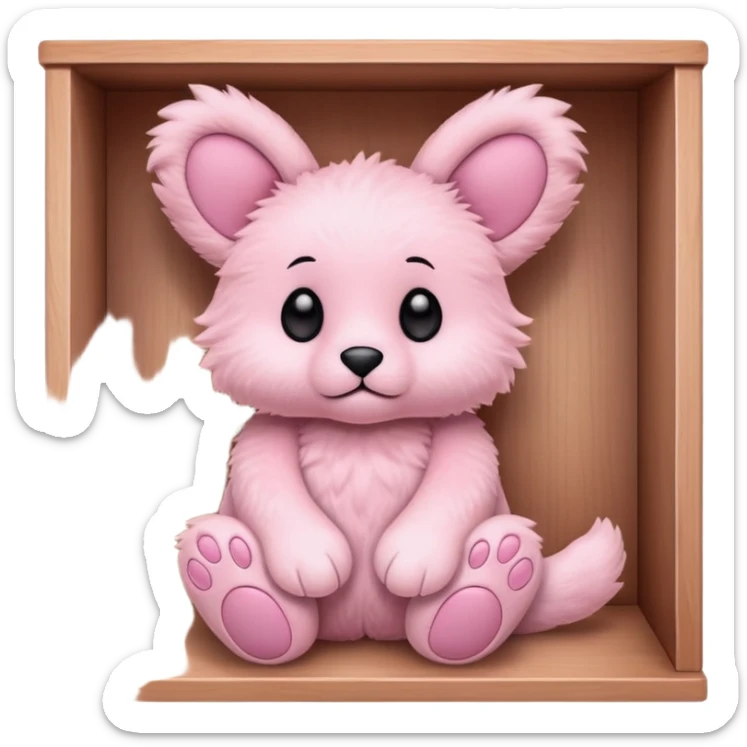 A cute plush toy sitting on a wooden shelf. The toy is fluffy and pastel pink, with floppy ears, a small face with black eyes and a tiny stitched mouth, and round paw-like feet featuring soft pink paw pads. The setting is cozy and playful, resembling a toy store or gift shop display sticker