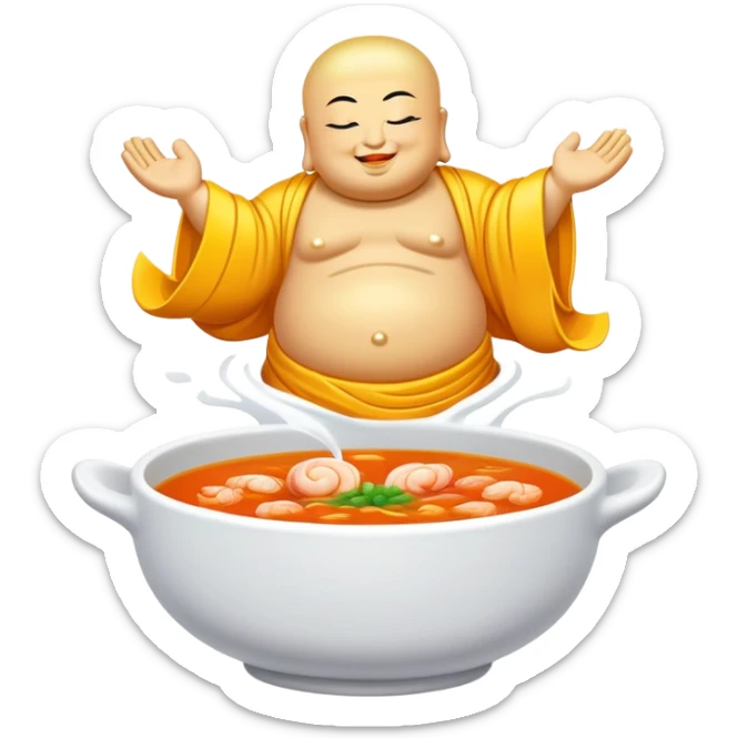 Buddha Jumps Over the Wall luxury soup with seafood and premium ingredients, simplified emoji style with bold outlines and bright colors, cartoon style famous Chinese delicacy sticker