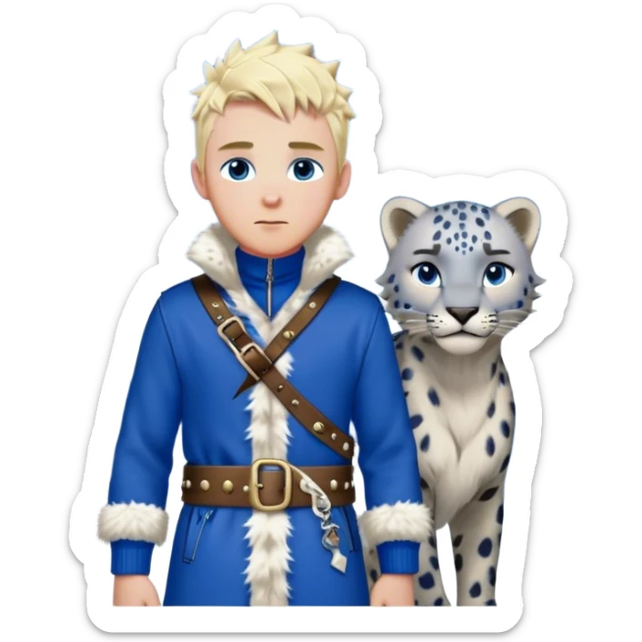 Medieval winter outfit worn by a DnD themed fantasy male character. Heavy cobalt blue wool tunic with snow leopard fur lining, secured by polished bone toggles and a wide leather belt with brass studs. Clothes only above the waist, full waist coverage. The character has no arms. Character is white-skinned with platinum blonde hair, winter-sky blue eyes, and short spiky hair touched by snowflakes. sticker