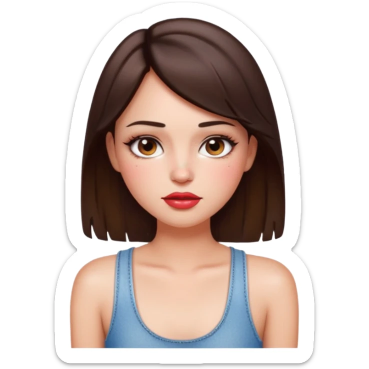 “Emoji brunette girl white tanktop, dewy skin, heavy blush across cheeks and nose bridge, glossy cherry lips, soft eyeliner, teary sparkling eyes like hanni from new jeans sticker