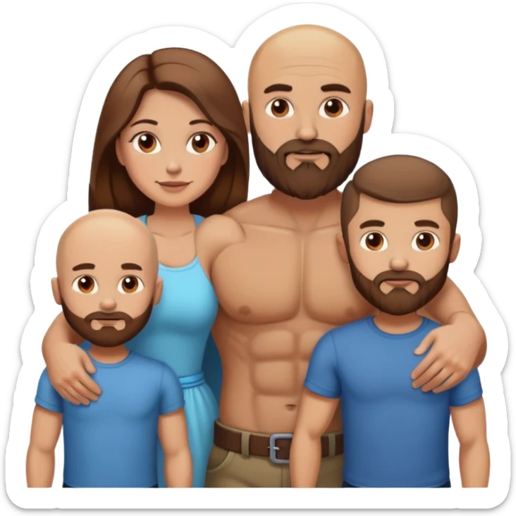 Muscular Bald beard man with his hot wife long brown hair and 3 boys sticker