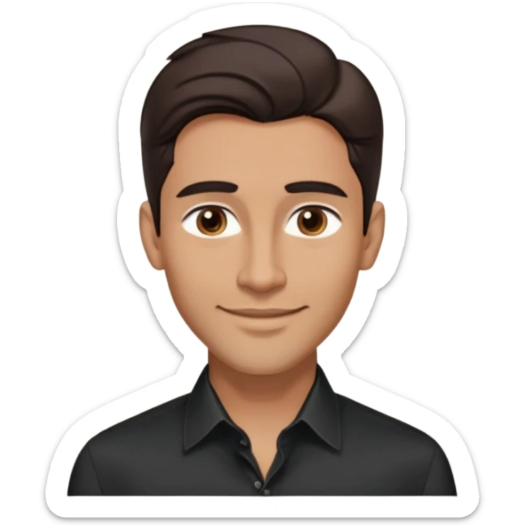 Attractive man in his 40s with youthful appearance, light brown skin, elongated face, defined jawline, handsome features, medium dark eyes, arched eyebrows, straight nose, confident smile, medium wavy dark hair, wearing a formal black button-up shirt sticker