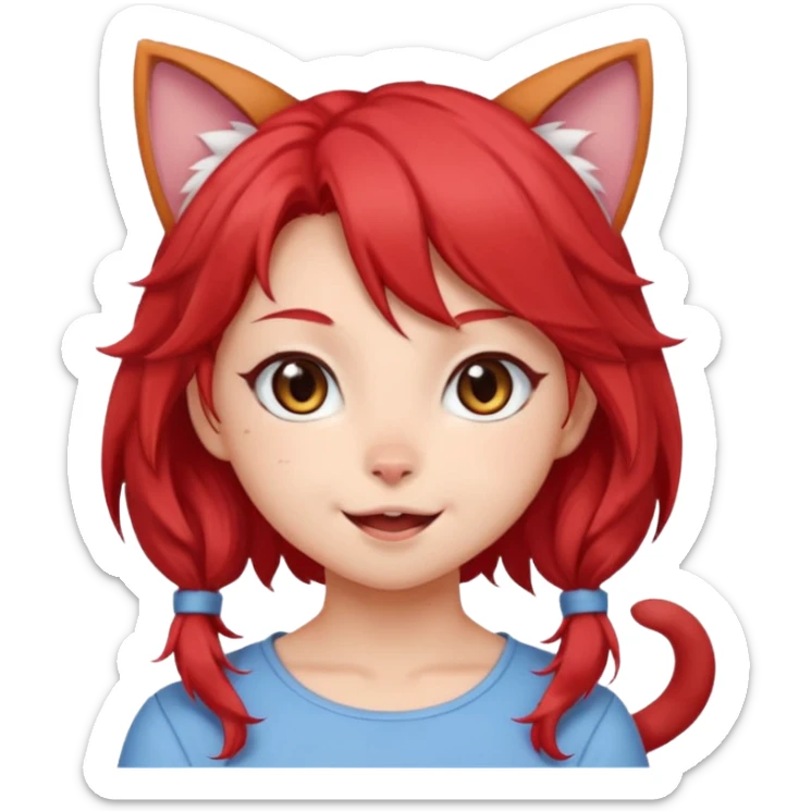 very cute anime cat-girl with small cat ears, red blowing hair sticker