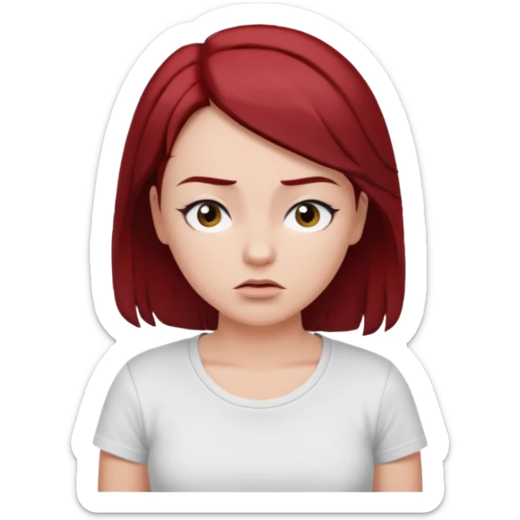 younger woman shrugging, eyes closed, white t-shirt, dark red hair, black eyebrows sticker