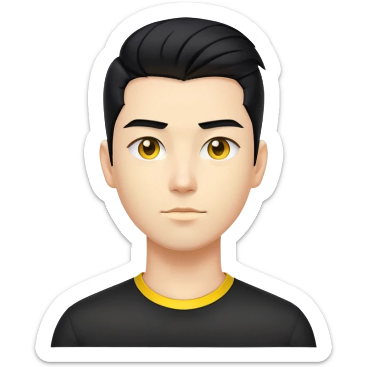 nam 25 tuổi, tóc màu đen nhuộm highlight vàng vuốt ngược, da trắng, mặt ngầu, áo màu đen, nửa thân trên sticker