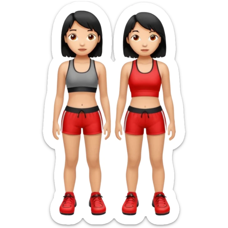 girl with wet black hair and black sports bra and grey shorts is wearing red crocs  sticker
