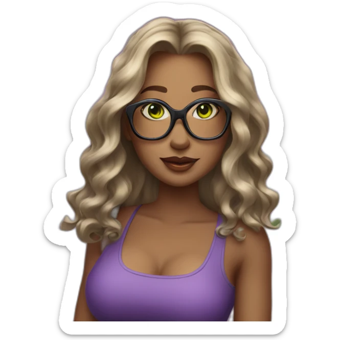 curvy-woman-purple-long-wavy-hair-green-eyes-square-glasses sticker