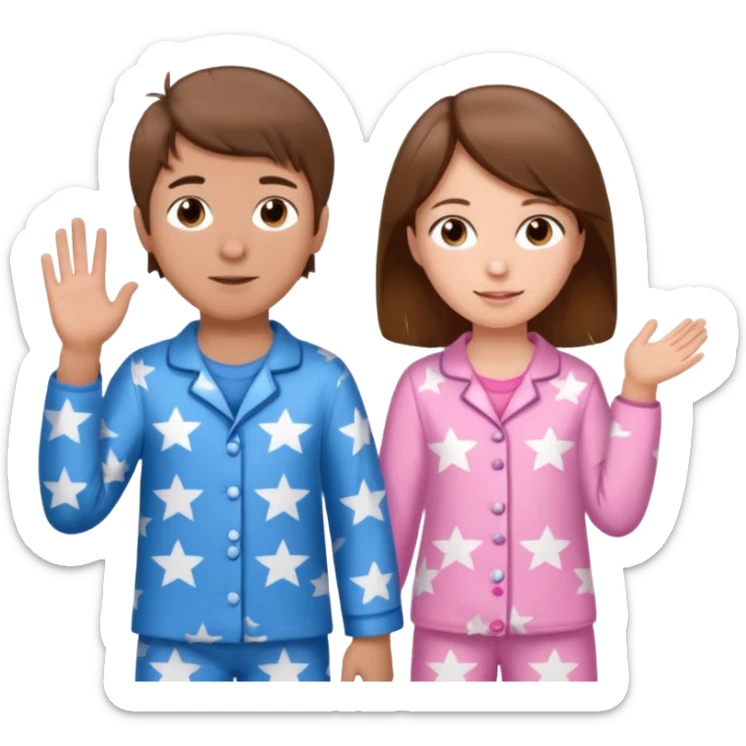 Brown haired boy with blue pajamas with stars on them and a brown haired girl with pink pajamas, and stars on them sticker
