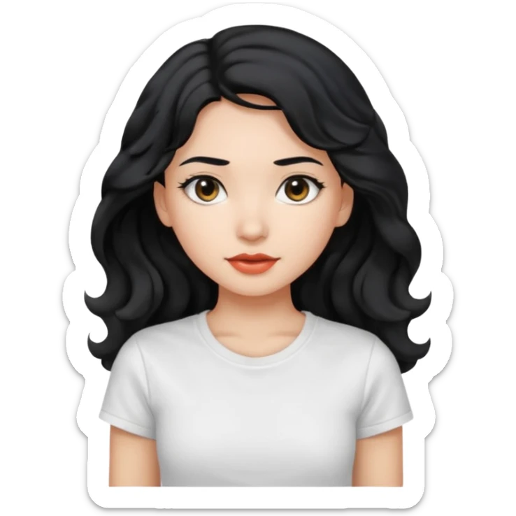 Beautiful girl,Black hair,wavy hair long hair,Black eyes, white T-shirt sticker
