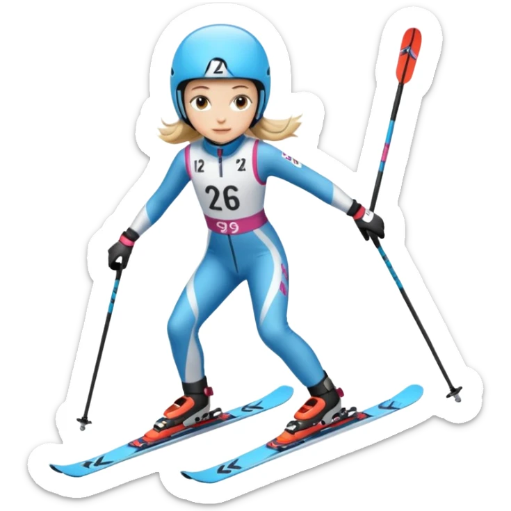 12 year old girl ski racing in a speed suit with skis, poles, and a bib that has the number 26 sticker