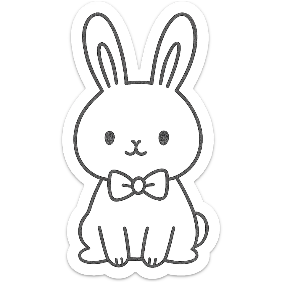 hand-drawn outlined sketch of a cute bunny with a bow tie, no color, simple lines, icon style sticker