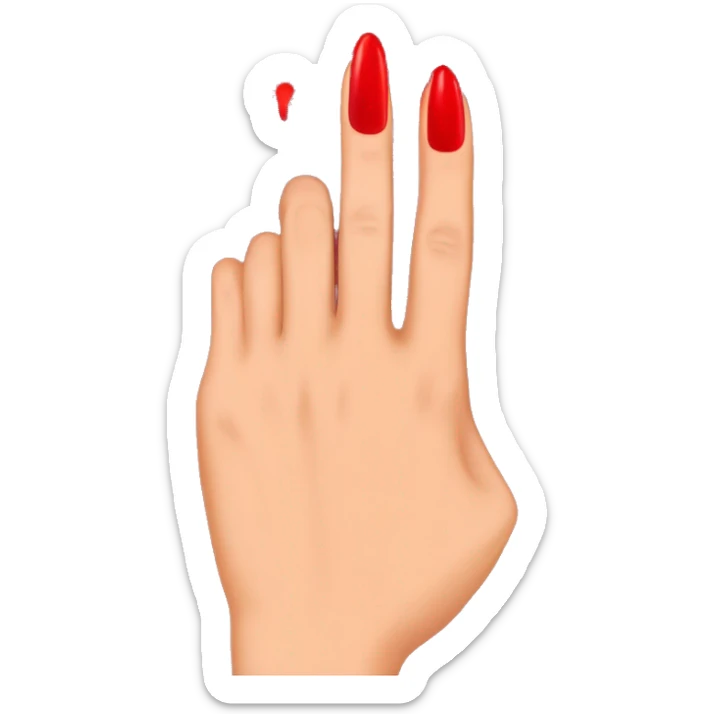woman hand pointing index finger, red nail varnish. top of the hand is showing sticker
