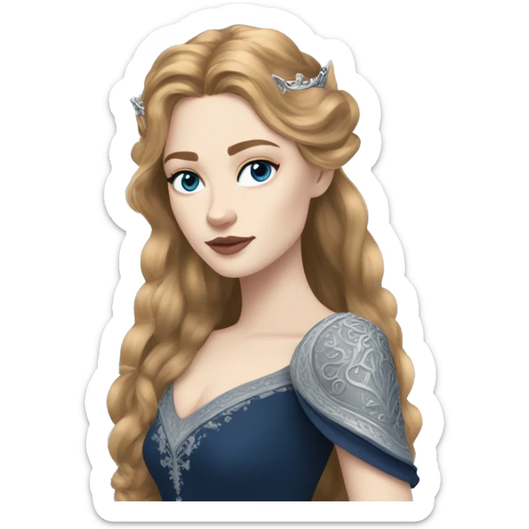 Feyre has pale skin, golden-brown hair and blue-grey eyes. She has a dark blue dress on with a silver crown sticker
