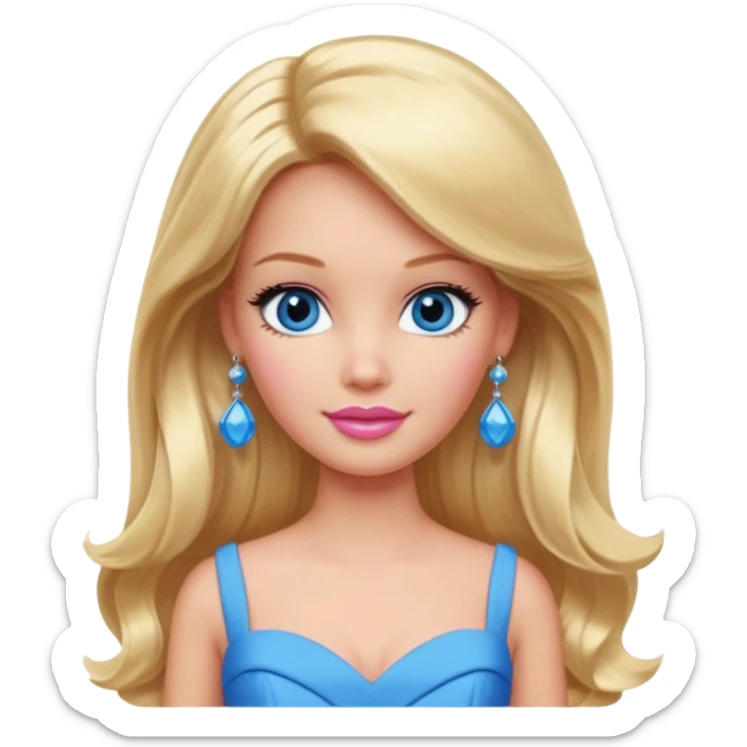 barbie, long blonde hair, pink dress, with blue eyes,different dress, big ear rings. sticker
