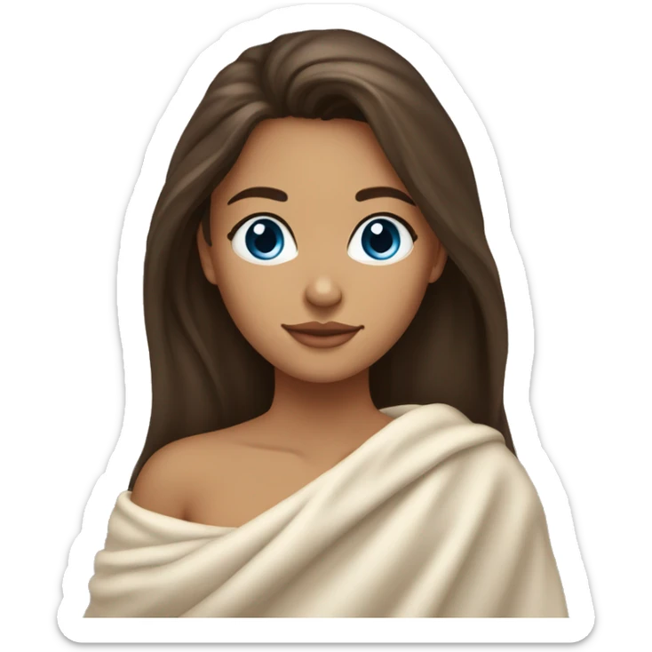 Beautiful brunette with long hair, slightly tan skin, and blue eyes, snuggled up in a warm white blanket, wearing golden earrings. sticker