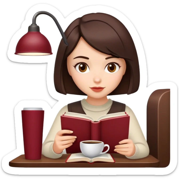 A brunette girl with a bob hairstyle, drinking coffee and reading a book Burgundy sticker