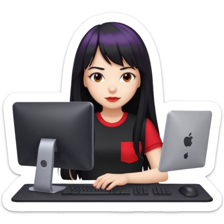 lilac girl with long hair and bangs worker and acessories with a pc worten the clothes black like an alternative bue the shirt in red with worten on the right side very small sticker