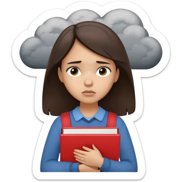 A worried light-skinned brunette girl shown from the waist up. She’s holding schoolbooks tightly to her chest, with a sad and anxious expression on her face. Small dark clouds hover above her head, symbolizing stress or exam anxiety. Her posture is tense, and her brows are furrowed. sticker