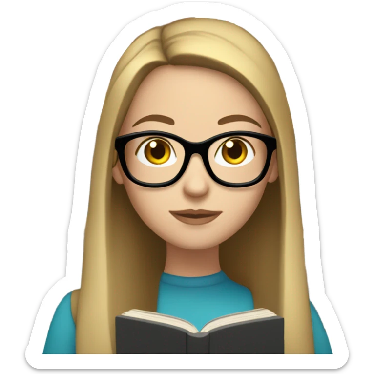 White woman with glasses, long straight brown hair and blue eyes reading a book sticker