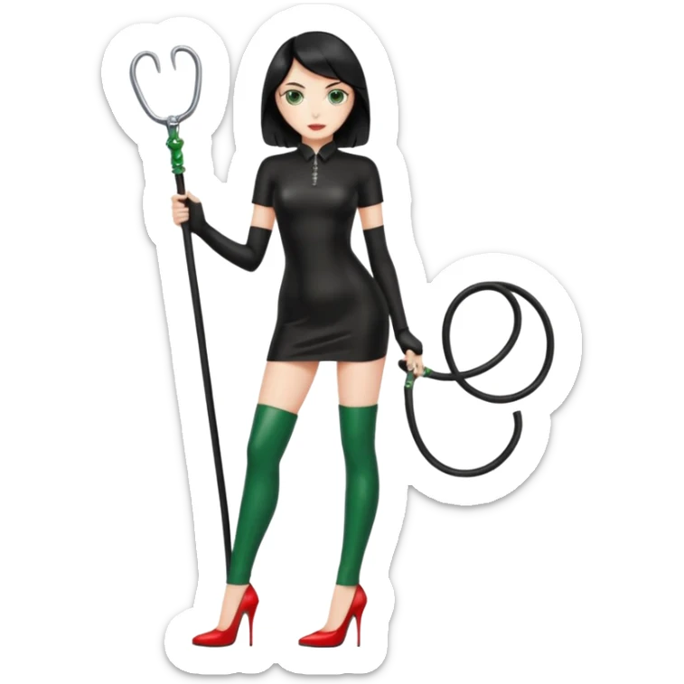 🕵🏻‍♀️💦🧥 black hair , green eyes , full body , red high heels , whip , black latex dress sticker